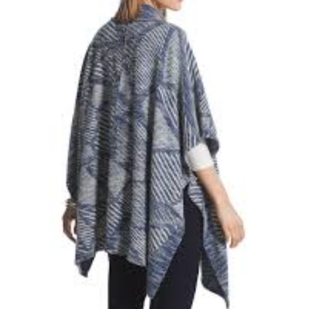 CHICO'S BLUE WHITE KNIT OPEN SIDE SHAWL PONCHO LONG LINE CARDIGAN CAPE ONE SIZE